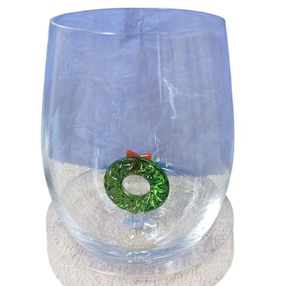 Stemless Wine Glass Christmas With Festive Green Wreath & Red Bow Design In Gift